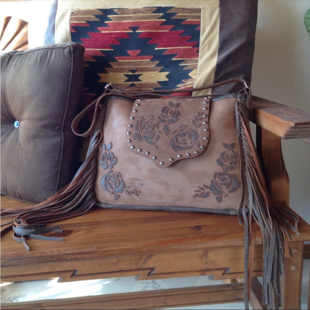 Handmade Leather Rose and tassels custom made cross shoulder bag/purse